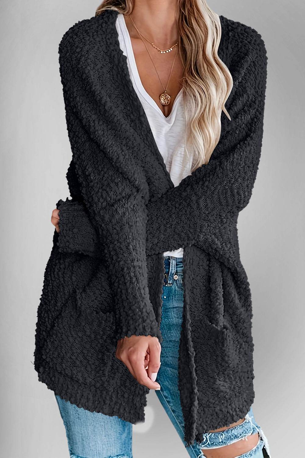 Double Take Pocketed Open Front Long Sleeve Cardigan - Hovatok