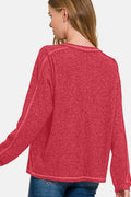 Zenana Full Size Contrast Stitching Brushed Ribbed Hacci Knit Top - Hovatok
