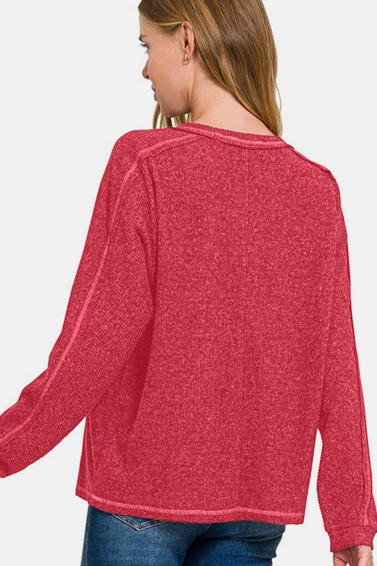 Zenana Full Size Contrast Stitching Brushed Ribbed Hacci Knit Top - Hovatok