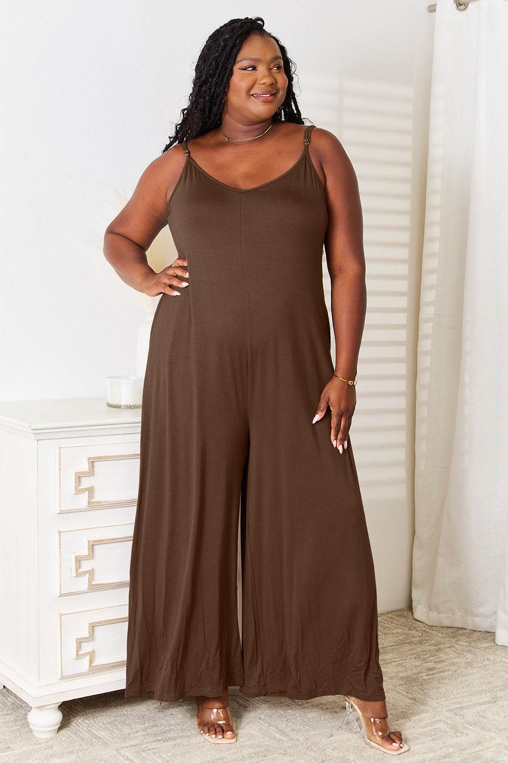 Double Take Full Size Soft Rayon Spaghetti Strap Tied Wide Leg Jumpsuit - Hovatok