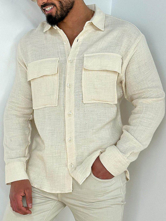 Men's Full Size Collared Neck Long Sleeve Shirt with Chest Pockets Plus Size - Hovatok