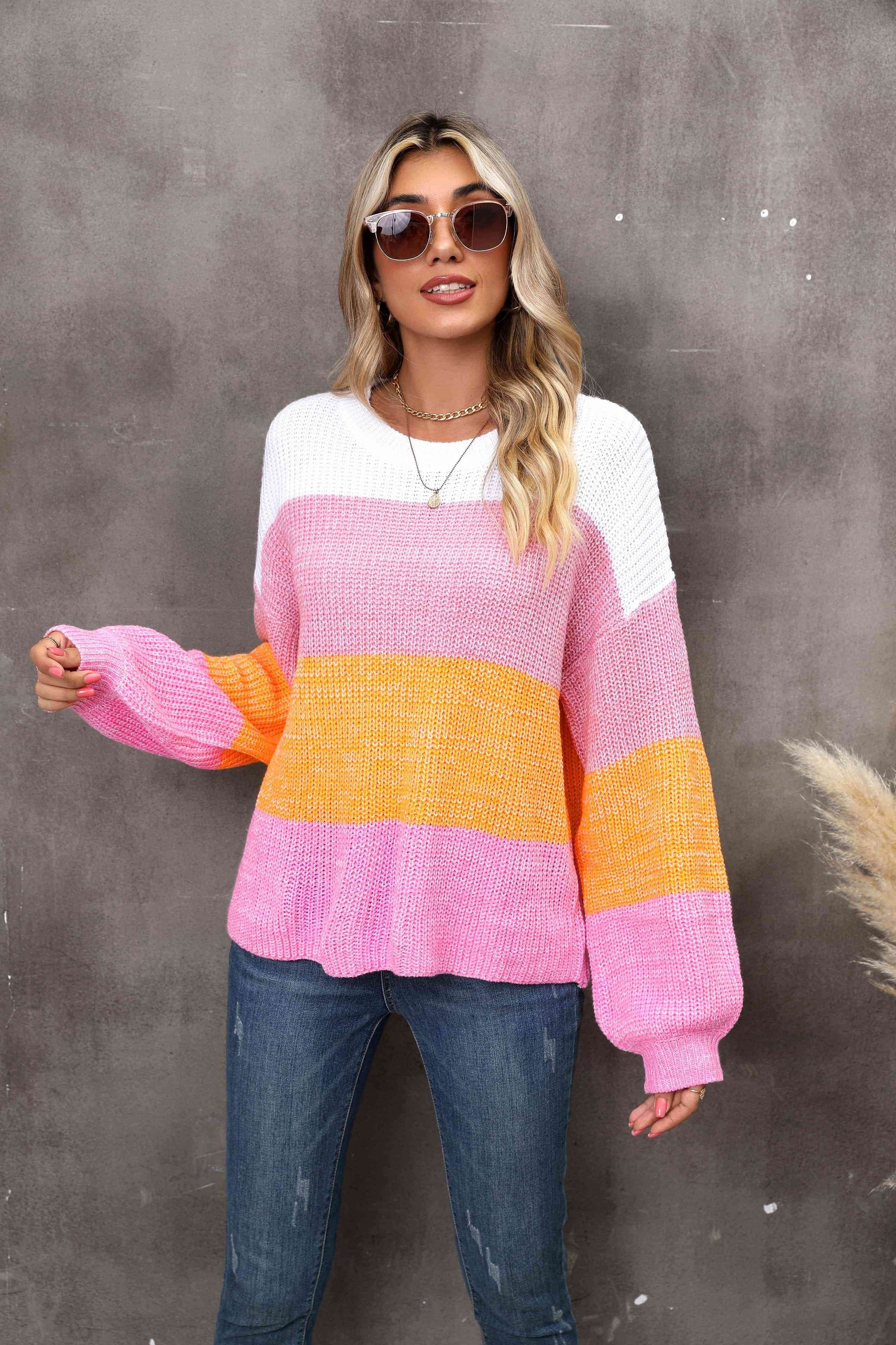 Angel Wings Color Block Round Neck Dropped Shoulder Sweater - Hovatok