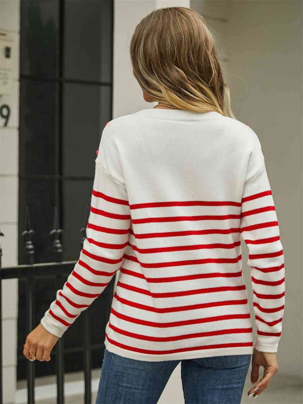 Angel Wings Round Neck Shoulder Button Striped Pullover Sweater - Hovatok