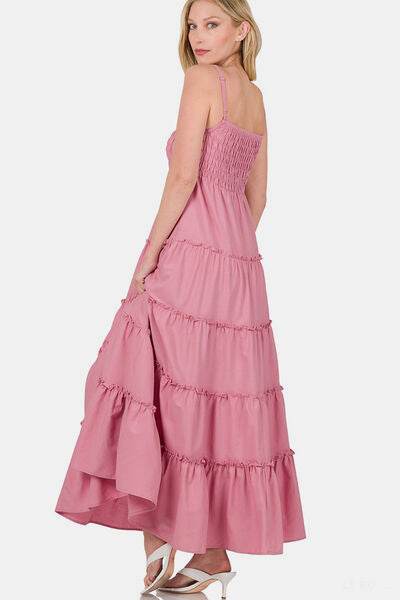 Zenana Woven Smocked Tiered Cami Maxi Dress - Hovatok