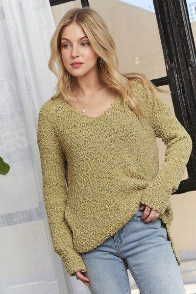 ADORA High-Low Side Slit V-Neck Sweater - Hovatok
