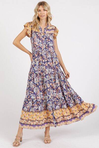 Mittoshop Floral Ruffled Notched Cap Sleeve Maxi Dress - Hovatok