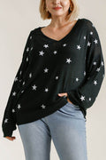 Umgee Full Size Star V-Neck Long Sleeve Sweater Plus Size - Hovatok