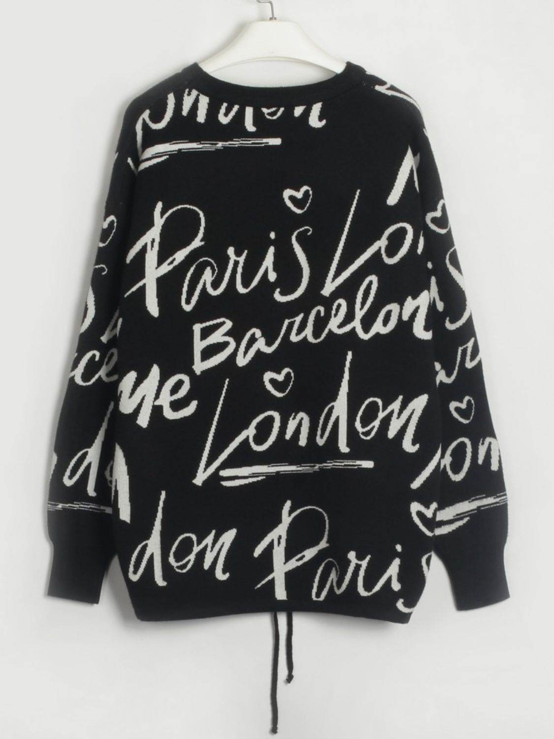 Drawstring Hem Letter Pattern Round Neck Dropped Shoulder Sweater - Hovatok