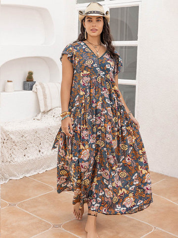 Plus Size Ruffled Printed Cap Sleeve Dress - Hovatok