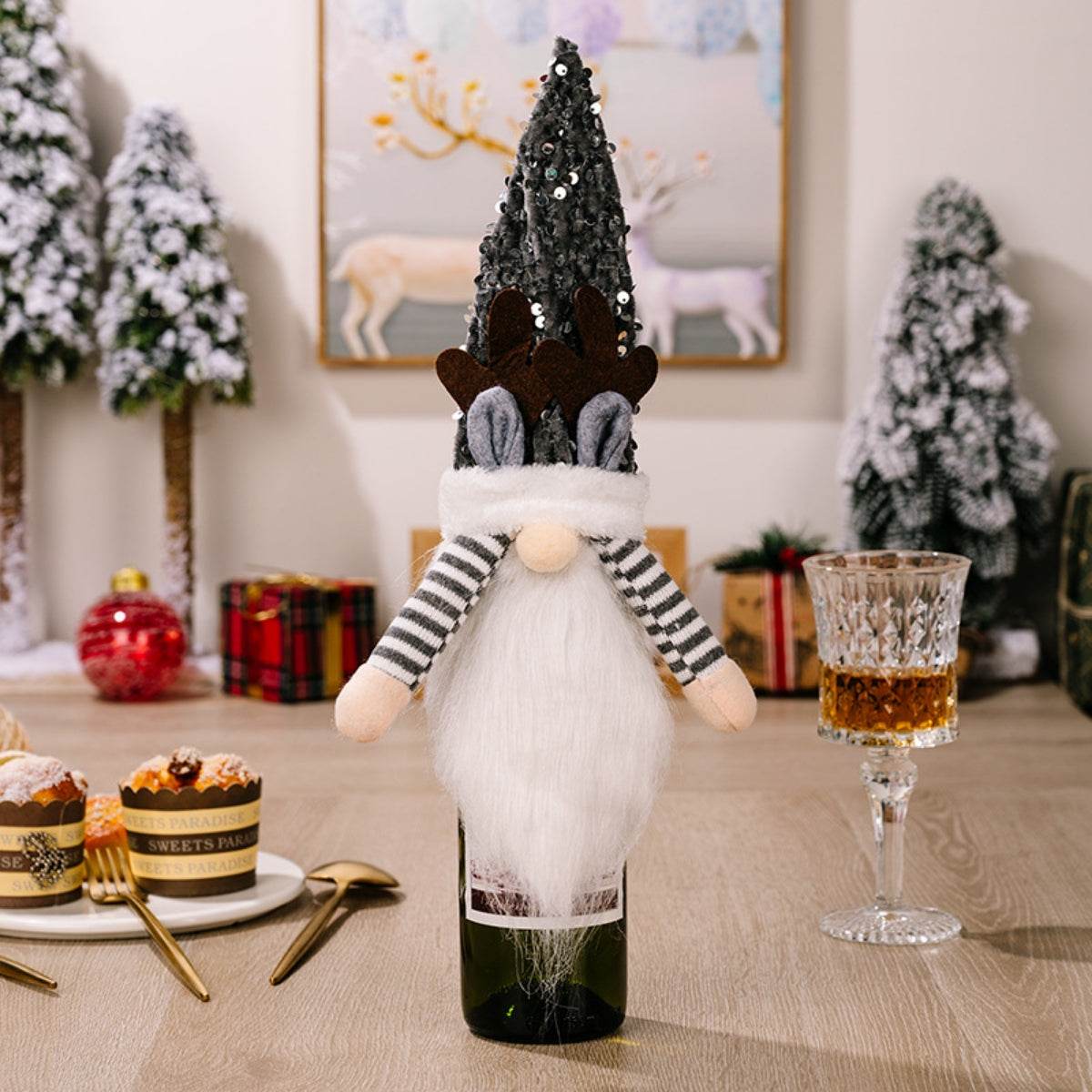 Sequin Pointed Hat Faceless Gnome Wine Bottle Cover - Hovatok