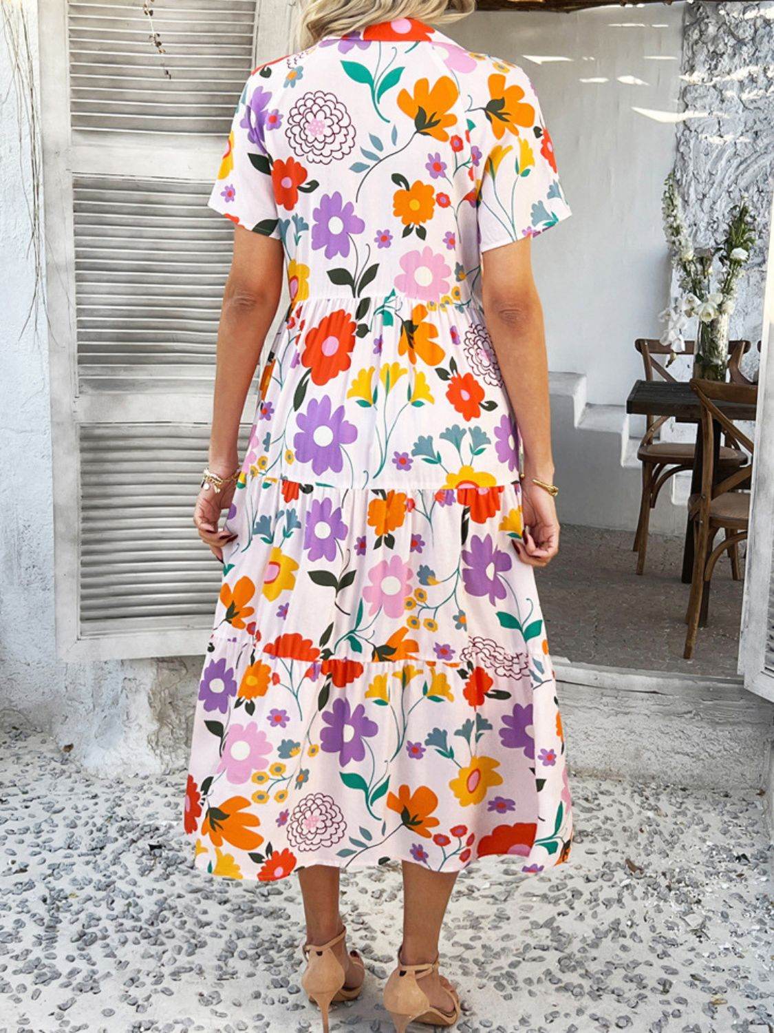 Devine Printed Johnny Collar Button Down Short Sleeve Midi Shirt Dress - Hovatok