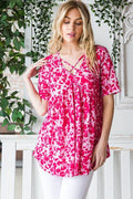 Heimish Full Size Short Sleeve Crisscross Animal Babydoll Top Plus Size - Hovatok