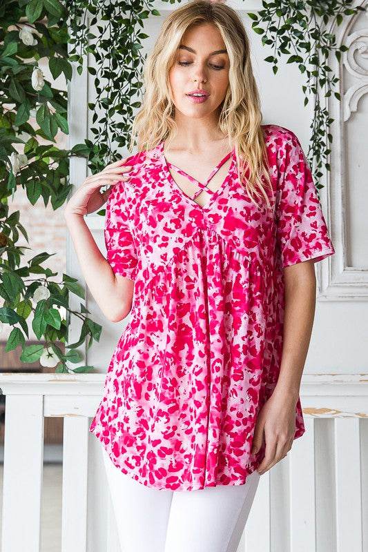 Heimish Full Size Short Sleeve Crisscross Animal Babydoll Top Plus Size - Hovatok