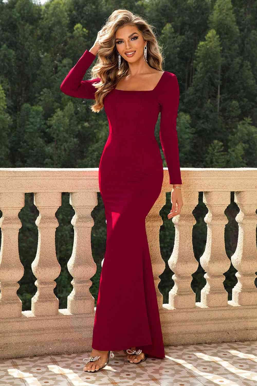 Square Neck Long Sleeve Dress - Hovatok