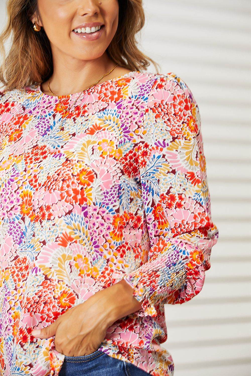 Double Take Floral Print Long Puff Sleeve Blouse - Hovatok
