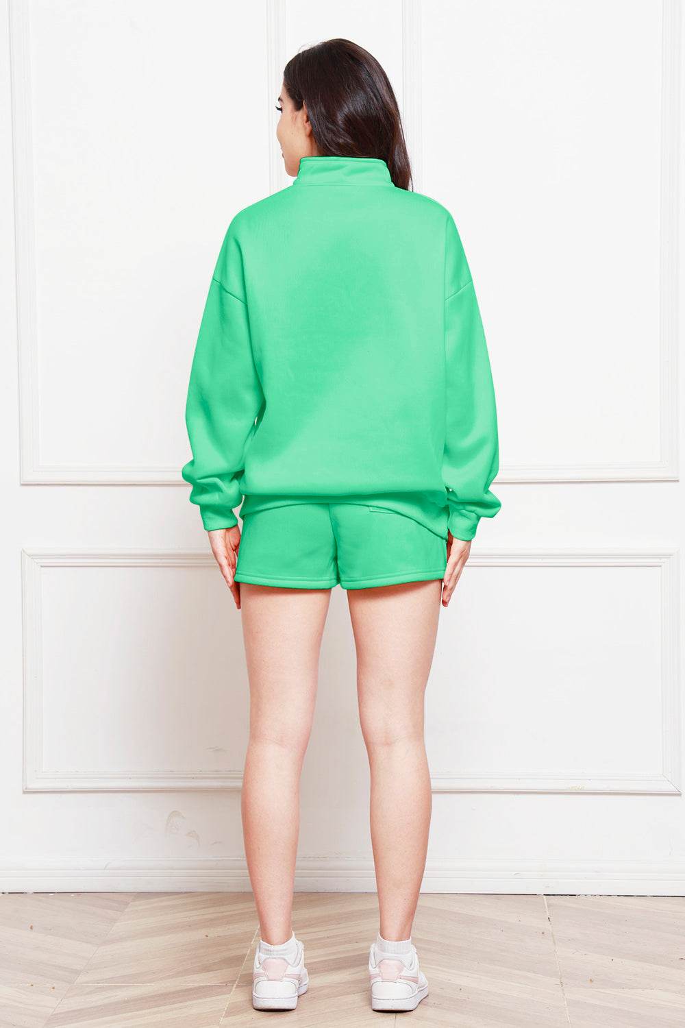 Half Zip Long Sleeve Sweatshirt and Drawstring Shorts Set - Hovatok