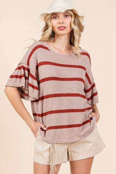 Mittoshop Striped Flounce Sleeve Knit Top - Hovatok