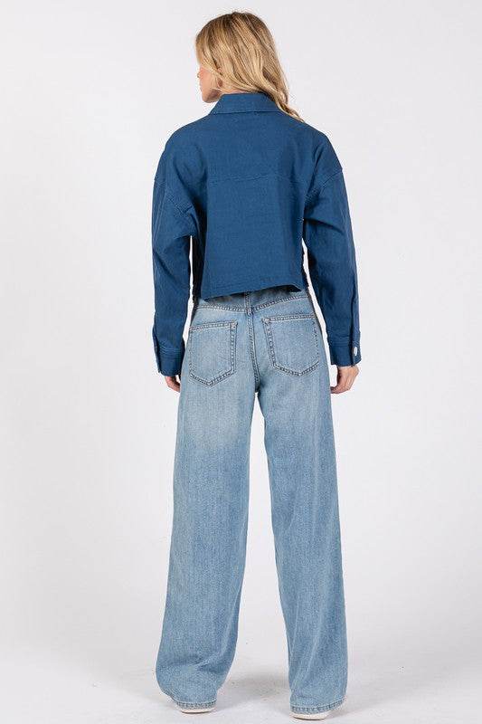 bytos Button Down Cropped Denim Jacket with Patch Pockets - Hovatok