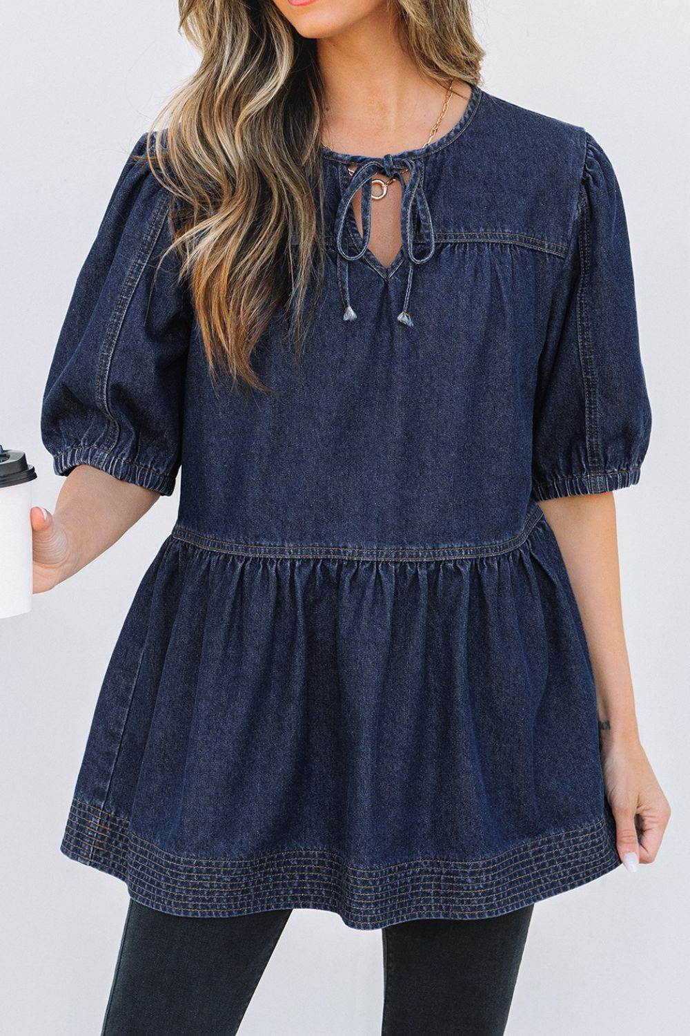 Tie Neck Babydoll Denim Top - Hovatok
