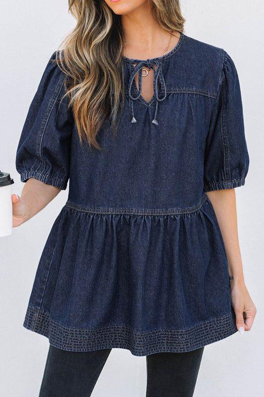 Tie Neck Babydoll Denim Top - Hovatok