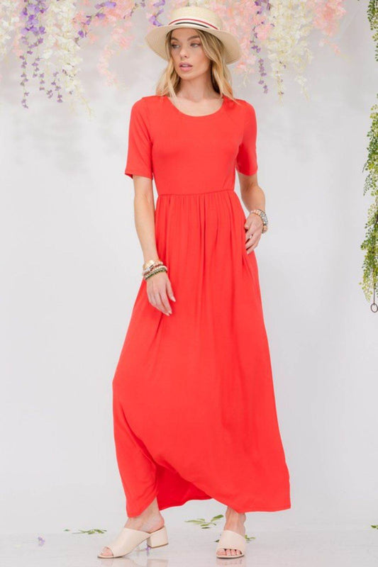 Celeste Full Size Round Neck Short Sleeve Maxi Dress with Pockets Plus Size - Hovatok