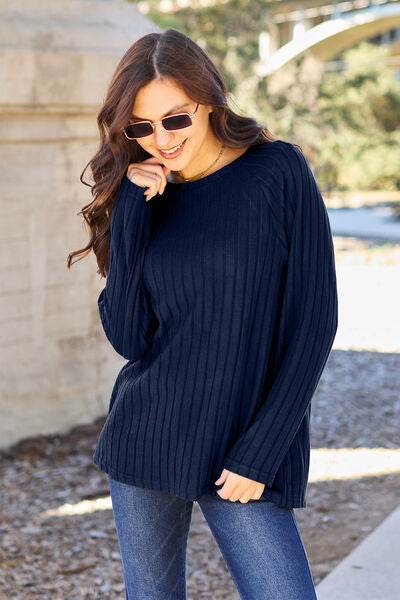 Basic Bae Full Size Ribbed Round Neck Long Sleeve Knit Top - Hovatok