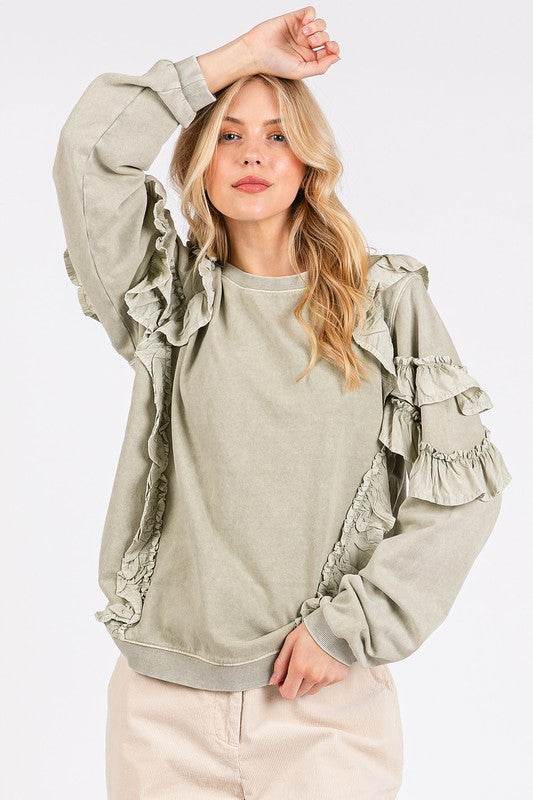 Mittoshop Ruffled Mineral Washed Round Neck Long Sleeve Sweatshirt - Hovatok