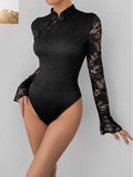 Perfee Lace Mock Neck Long Sleeve Bodysuit - Hovatok