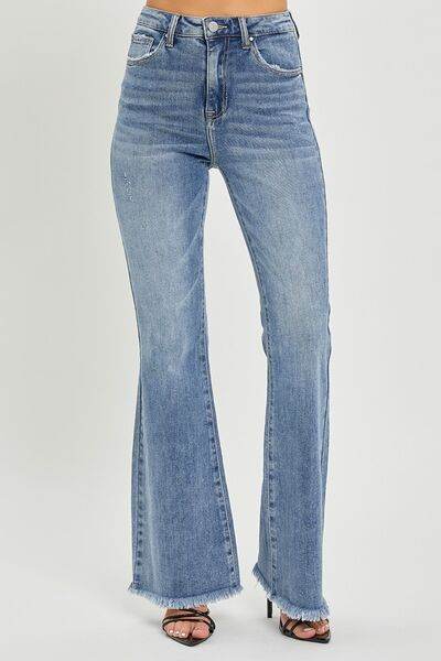 RISEN Full Size High Waist Raw Hem Flare Jeans - Hovatok