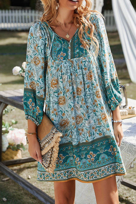 Devine Printed Tie Neck Mini Dress - Hovatok