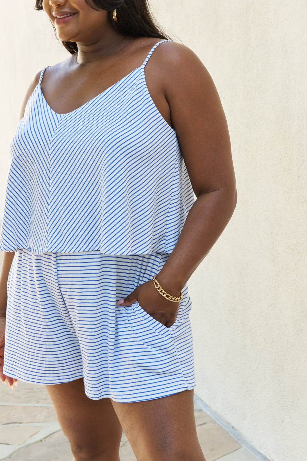 Culture Code Let It Happen Full Size Double Flare Striped Romper in Cobalt Blue - Hovatok