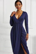 High-low Ruched Surplice Long Sleeve Dress - Hovatok