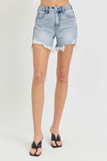 RISEN High Rise Side Step Hem Denim Shorts - Hovatok