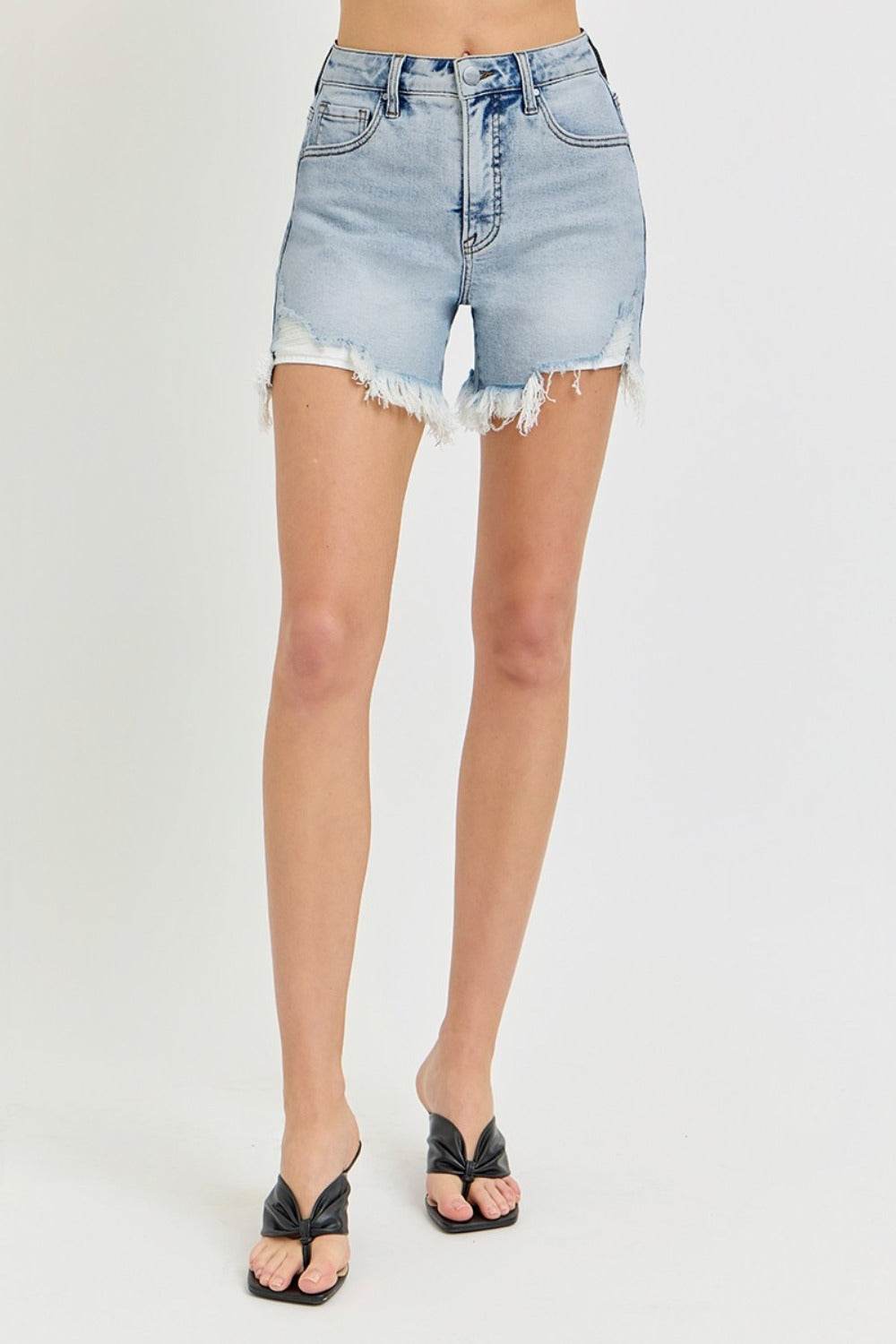 RISEN High Rise Side Step Hem Denim Shorts - Hovatok
