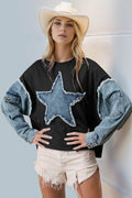 Double Take Raw Edge Star Contrast Sweatshirt - Hovatok