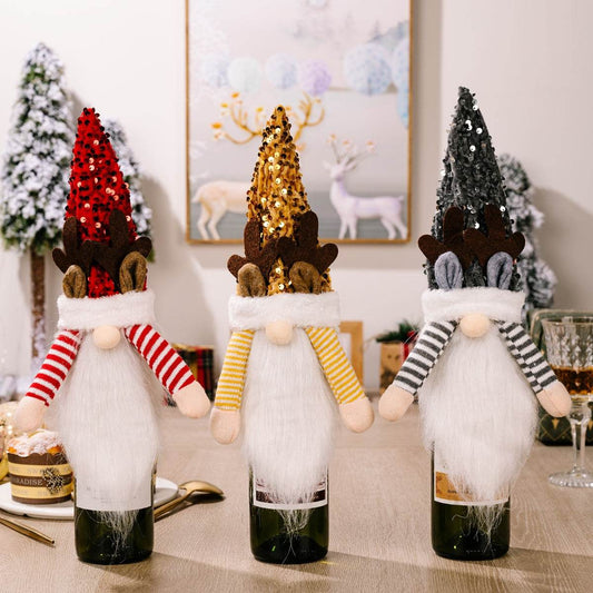 Sequin Pointed Hat Faceless Gnome Wine Bottle Cover - Hovatok