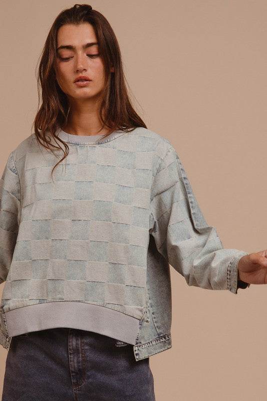 BiBi Mineral Washed Checkered Round Neck Denim Top - Hovatok
