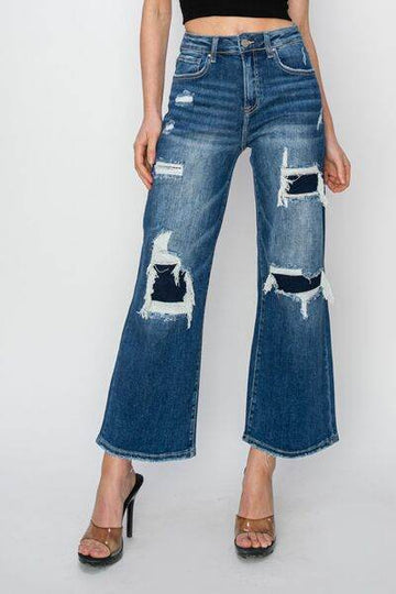 Risen Full Size High Rise Patch Detailed Wide Leg Crop Jeans - Hovatok