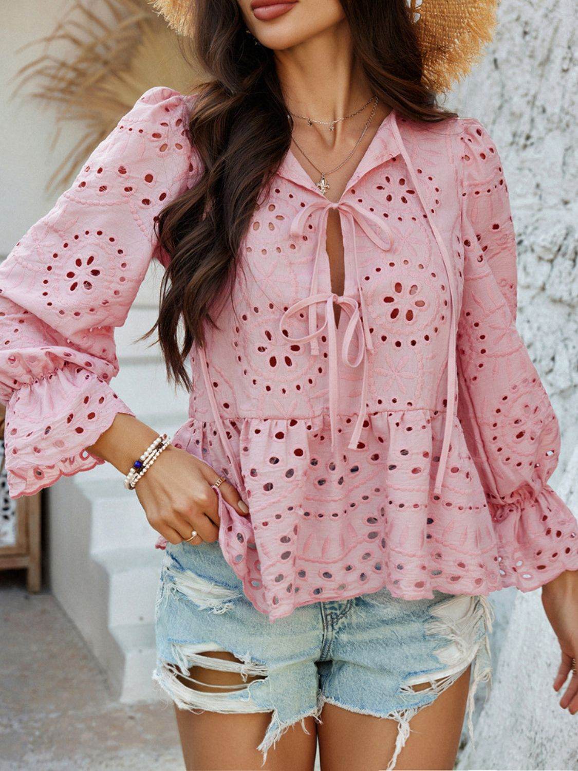 Devine Tie Front Flounce Sleeve Peplum Blouse - Hovatok