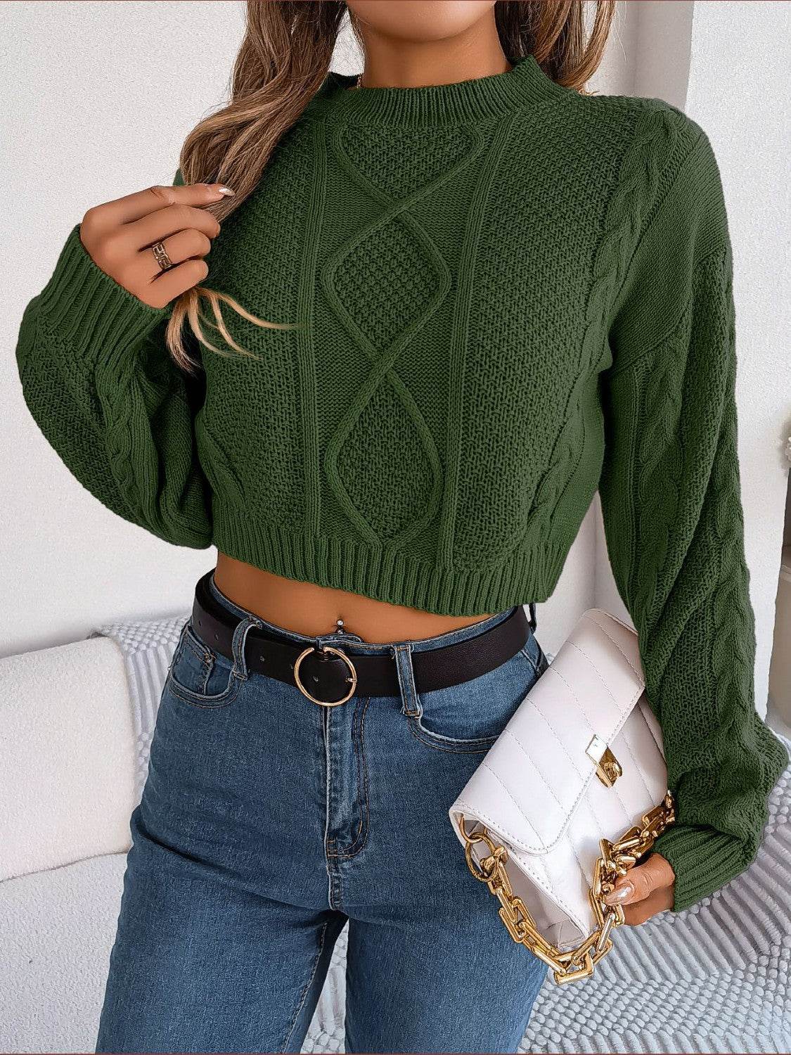 Cable-Knit Round Neck Cropped Sweater - Hovatok