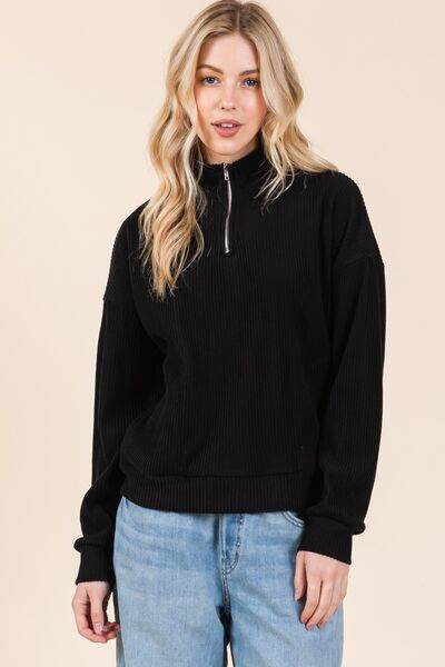 BOMBOM Quarter Zip Long Sleeve Sweatshirt with Pockets - Hovatok