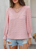 Devine Swiss Dot Lace Detail V-Neck Long Sleeve Blouse - Hovatok