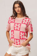 BiBi Flower Checker Pattern Short Sleeve Sweater - Hovatok