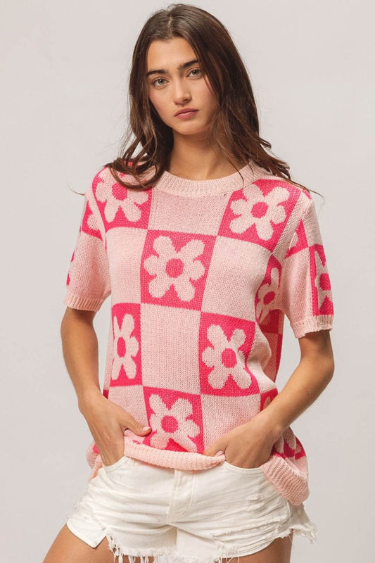 BiBi Flower Checker Pattern Short Sleeve Sweater - Hovatok