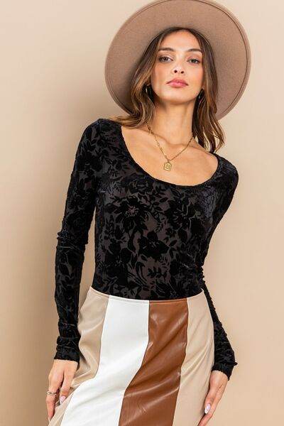 Ces Femme Velvet Floral Long Sleeve Bodysuit - Hovatok