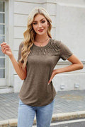 Smocked Round Neck Short Sleeve T-Shirt - Hovatok