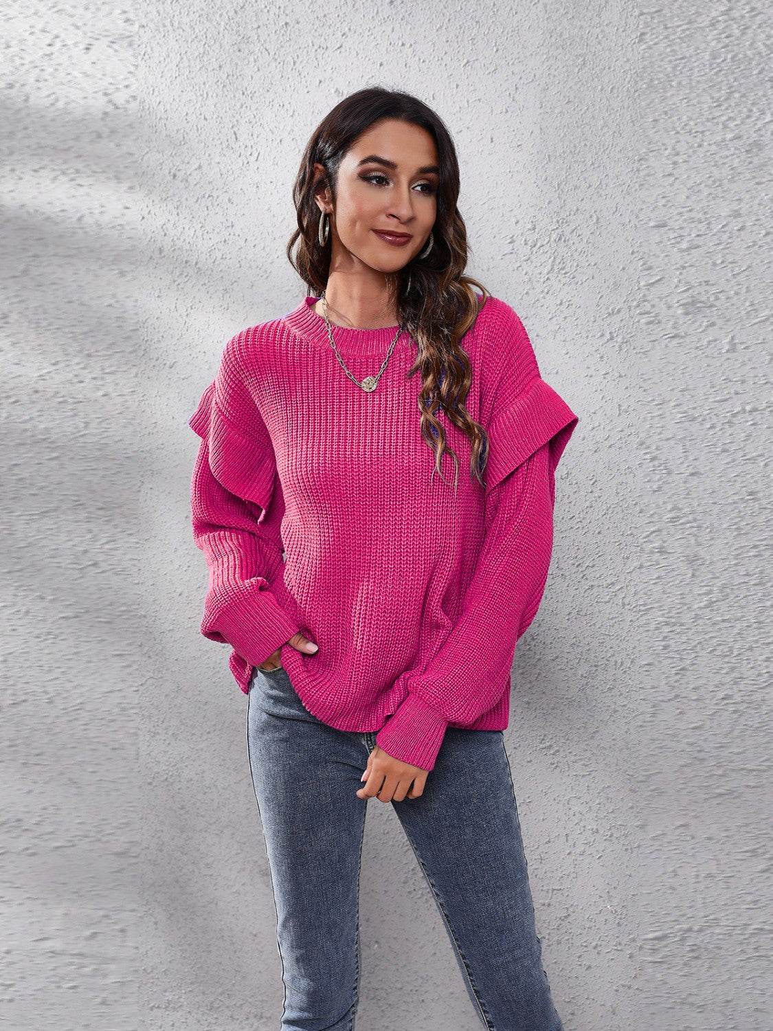 Ruffled Round Neck Dropped Shoulder Sweater - Hovatok