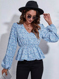 Floral V-Neck Balloon Sleeve Peplum Blouse - Hovatok