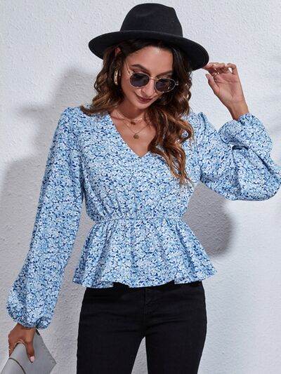 Floral V-Neck Balloon Sleeve Peplum Blouse - Hovatok