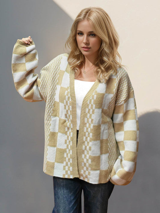 Double Take Checkered Open Front Dropped Shoulder Cardigan - Hovatok